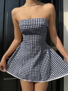Aloruh Women's Sexy Vintage Red & White Plaid Print Ruched Waist Vacation Mini Dress - Navy Blue - View 6
