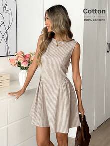 Easowa Women Light Beige Summer Elegant Tea Party Striped Sundress,Sleeveless Waist Gathered A-Line Ruched Low Waistline Woven Casual Relaxed Vintage Dress - Multicolor - View 4