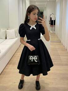 Girls' Solid Color Ruffle Bow Embroidered Bubble Dress,Soft & Comfortable,Summer Elegant Evening Party Black And White Puffy Sleeve Collared Dress - Black - View 9