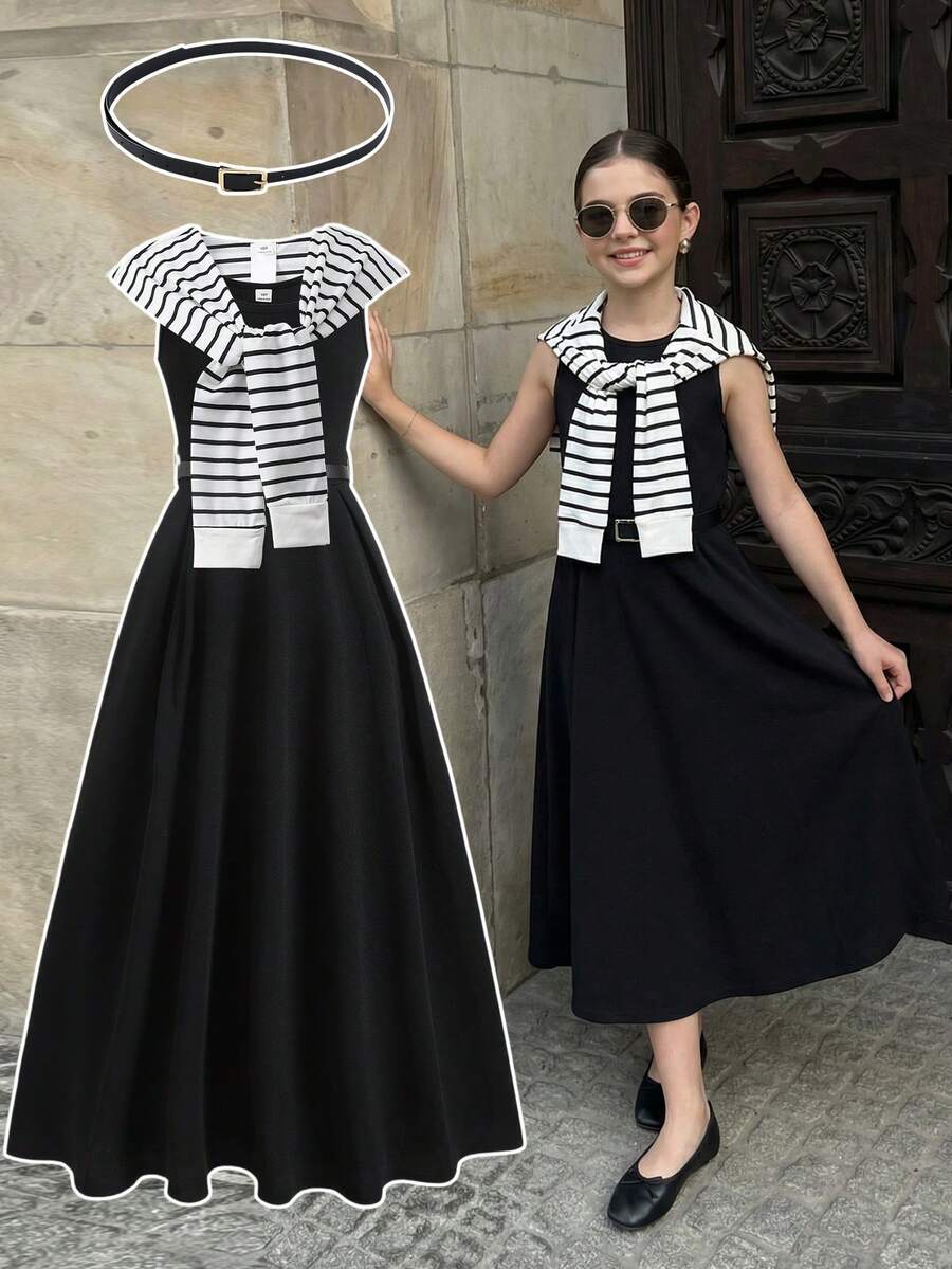 SHEIN 少女休闲度假通勤极简主义束腰伞裙连衣裙搭配条纹水手披肩 - 黑與白 - 查看 1