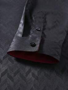 Manfinity Mode 男士黑色幾何紋理長袖襯衫，優雅正式商務休閒風格，秋季奢華設計師正裝襯衫，理想禮物，儀式適用 - 黑色 - 查看 7