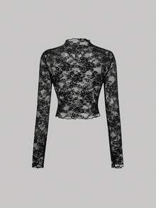 SHEIN MOD 3件套女士蕾丝透视长袖黑白上衣，蕾丝上衣，黑白上衣，3件装女士薄纱蕾丝长袖露脐上衣，高领设计，春夏款，优雅上衣，外出上衣，生日装，嘉年华服装，多件装上衣，漏斗领上衣 - 黑與白 - 查看 5