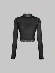 SHEIN MOD 3件套女士蕾丝透视长袖黑白上衣，蕾丝上衣，黑白上衣，3件装女士薄纱蕾丝长袖露脐上衣，高领设计，春夏款，优雅上衣，外出上衣，生日装，嘉年华服装，多件装上衣，漏斗领上衣 - 黑與白 - 查看 8