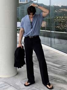 DAZY 男士纯蓝色短袖针织衫，夏季 - 藍色 - 查看 5