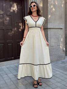 SHEIN Clasi 女款對比飾邊短袖洋裝，夏季女裝套裝 - 杏色 - 查看 6