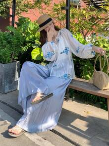 DAZY Women's Linen Ditsy Floral Shirt Top And Loose Fit Pants 2-Piece Set, Korean Style Lounge Sets For Women - Baby Blue - View 6