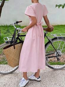 DAZY Đầm maxi nữ màu trơn tối giản, cổ tròn, tay ngắn, dài đến đầu gối, thích hợp mặc hàng ngày. - Hồng - Xem 7