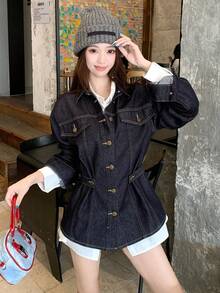 DAZY 女士休闲时尚修身韩版牛仔衬衫 - 藍色 - 查看 2