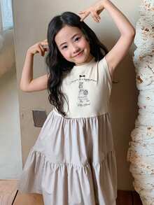 DAZY Young Girl Round Neck Casual Floral Print Colorblock Cute Dress Summer - Baby Pink - View 4