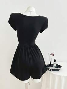 Elamini Women's Square Neck Casual Minimalist Romper, Spring/Summer - Black - View 2