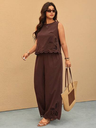 Elaquor Plus Size Women Hollow Out Embroidery Round Neck Camisole And Wide Leg Pants Casual 2 Pieces Set Brown Two Piece Set Women Sleeveless Top And Pants Set Casual Two Piece Set Brown Wide Leg Pants Set Embroidered Two Piece Set Spring Outfit Set Women Casual Vacation Set For Women