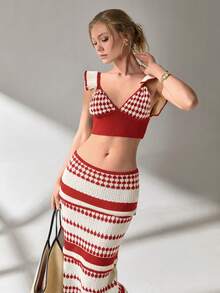 SHEIN Cottnline Women Top And Skirt Openwork Sweater Cover Up Set - Red - View 8
