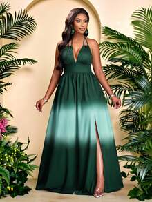 Brilight 女士优雅浪漫渐变印花休闲度假深V领无袖挂脖系带A字长裙，适合外出、海滩、音乐节、婚礼宾客、毕业典礼、商务休闲和波西米亚风格（春夏连衣裙） - 墨綠色 - 查看 6