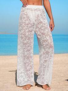 Swim Vcay Women's White Floral Lace Hollow Out Casual Beach Cover Up Pants - White - View 3