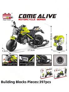 Neon Green 'SPEED' Racing Motorcycle Building Block Set - Mechanical Model With Helmet Accessory, Collectible Assembled Toy (Piece Count: 397pcs) - Multicolor - View 4