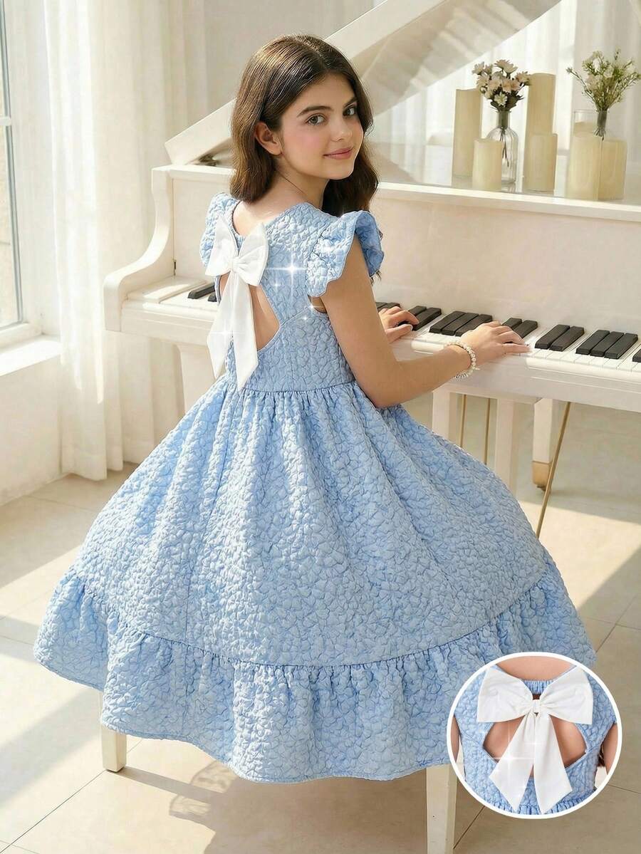 女童蓝色纹理泡泡袖白色蝴蝶结中长优雅派对连衣裙 - 彩色 - 查看 1