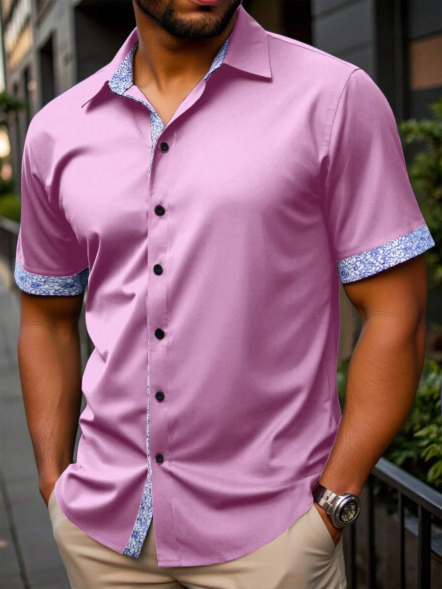 Manfinity Homme 加大码男士撞色滚边纽扣前开襟休闲短袖衬衫 男士短袖正装衬衫 男士纽扣衬衫 夏季男士短袖正装衬衫 男士纽扣衬衫 夏季 - 粉色 - 查看 1