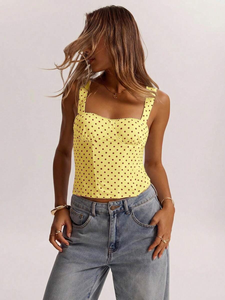 SHEIN BAE 女士约会之夜女友聚会生日派对夜店假日派对优雅波点吊带背心，女友聚会，约会，日常通勤束身衣，可爱性感上衣夜店装，夏季上衣 - 黃色 - 查看 1