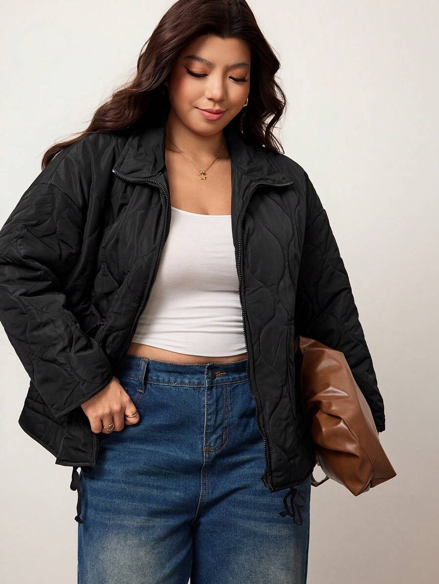 Enliva 秋冬大码休闲纯色抽绳下摆夹克 - 黑色 - 查看 1