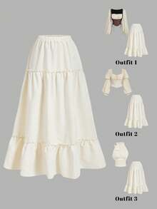 SHEIN MOD Chân váy nữ màu trơn, cạp chun, viền bèo nhún, kiểu dáng thường ngày, mùa xuân/hè, trang phục lễ hội cho nữ, thanh lịch, ngày lễ, lễ hội âm nhạc, phong cách du mục, phong cách đồng quê, phong cách Boho, tiệc tối cho nữ, sinh nhật, sang trọng, chân váy dự tiệc trà, phong cách Bohemian, chân váy dự tiệc trà - Màu be - Xem 2