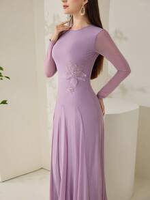 Veilorie 女士纯色圆领插肩袖修身优雅连衣裙 - 淡紫色 - 查看 8