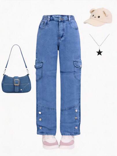 Jeans niña  denim  bolsillos laterales ajuste cómodo estilo casual moderno temporada primavera verano y otoño