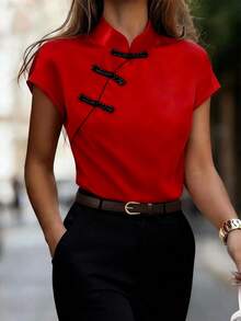 Franclia 1 Set Women's Red Cheongsam Collar Short Sleeve Top And Black Waist Belt Skirt Red And Black Outfit Red Clothes Bow Clothes Black Skirt Red Top - Multicolor - View 5