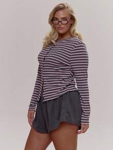 MUSERA Stripe Button Through Long Sleeve Top Cute Cosy Spring Everyday Sugar Swizzle - Multicolor - View 3