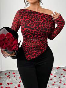 Elenzga Plus Size Women's Classy Leopard Print Long Sleeve Top,Off Shoulder Oblique Fitted T-Shirt,Black And Red Autumn Night Out Club Elastic Mesh Fabric - Multicolor - View 7
