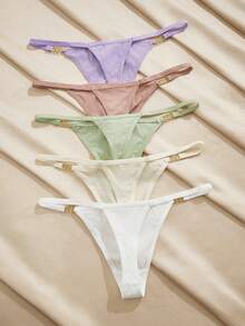 Charlaine 5pcs/Pack Women's Solid Color Metal Ring Waist Low-Rise Thong Panties - Multicolor - View 2