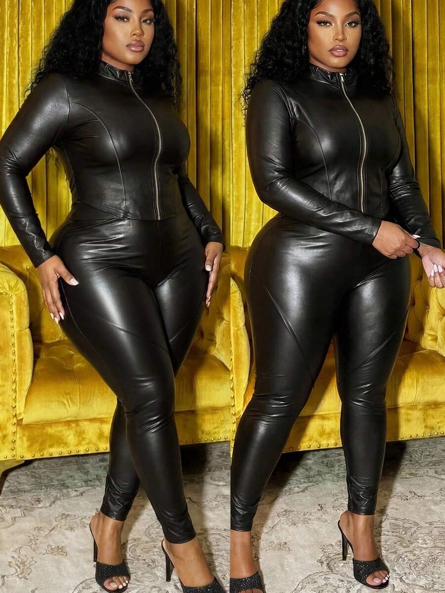 Slaydiva Bộ đồ đôi cỡ lớn Thu/Đông mới về, thích hợp cho lễ hội âm nhạc, lễ Phục Sinh, tiệc sinh nhật, mặc thường ngày, kỳ nghỉ, du lịch biển, tắm nắng, áo dài tay có khóa kéo và quần màu trơn chất liệu PU - Màu đen. Bộ 2 mảnh dành cho nữ cỡ lớn, bộ đồ đôi cỡ lớn, bộ đồ đôi cho người có thân hình đầy đặn, quần áo cỡ lớn cho nữ, bộ liền thân cho người có thân hình đầy đặn, bộ liền thân ôm sát, trang phục dự tiệc đêm Vegas, trang phục sinh nhật cho người có thân hình đầy đặn. - màu đen - Xem 1
