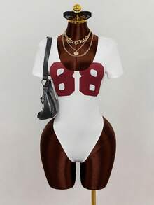 Mistrie Body de cuello redondo con estampado numérico, de manga corta y estilo de moda - Multicolor - Ver 1