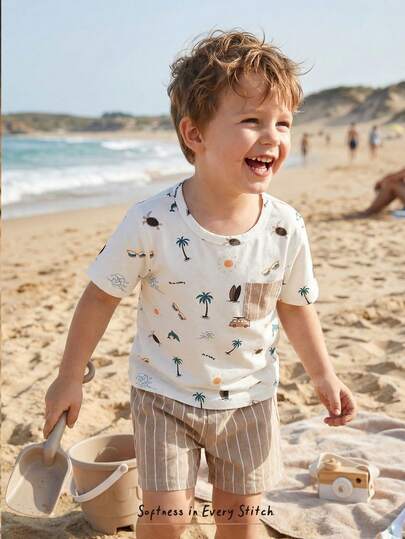 Cozy Pixies 2pcs/Set Young Boy Cartoon Pattern Knit Soft Crew Neck Short Sleeve Top And Elastic Waist Shorts Set Boys Ice Cream Shirt Kids Beach Clothes For Boy Silly Goose Shirt Kids Cotton Boys Beach Clothes
