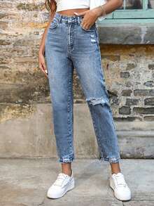 Breezaya Quần jeans nữ cỡ lớn cạp cao, có túi, kiểu dáng rách, thoải mái, đa năng. - Rửa tối - Xem 1