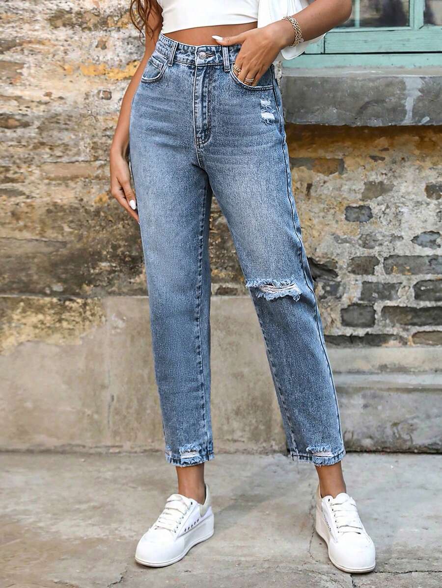 Breezaya Quần jeans nữ cỡ lớn cạp cao, có túi, kiểu dáng rách, thoải mái, đa năng. - Rửa tối - Xem 1
