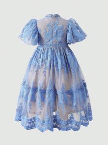 Vestido de niña elegante con cuello alto de encaje - Azul - Ver 4