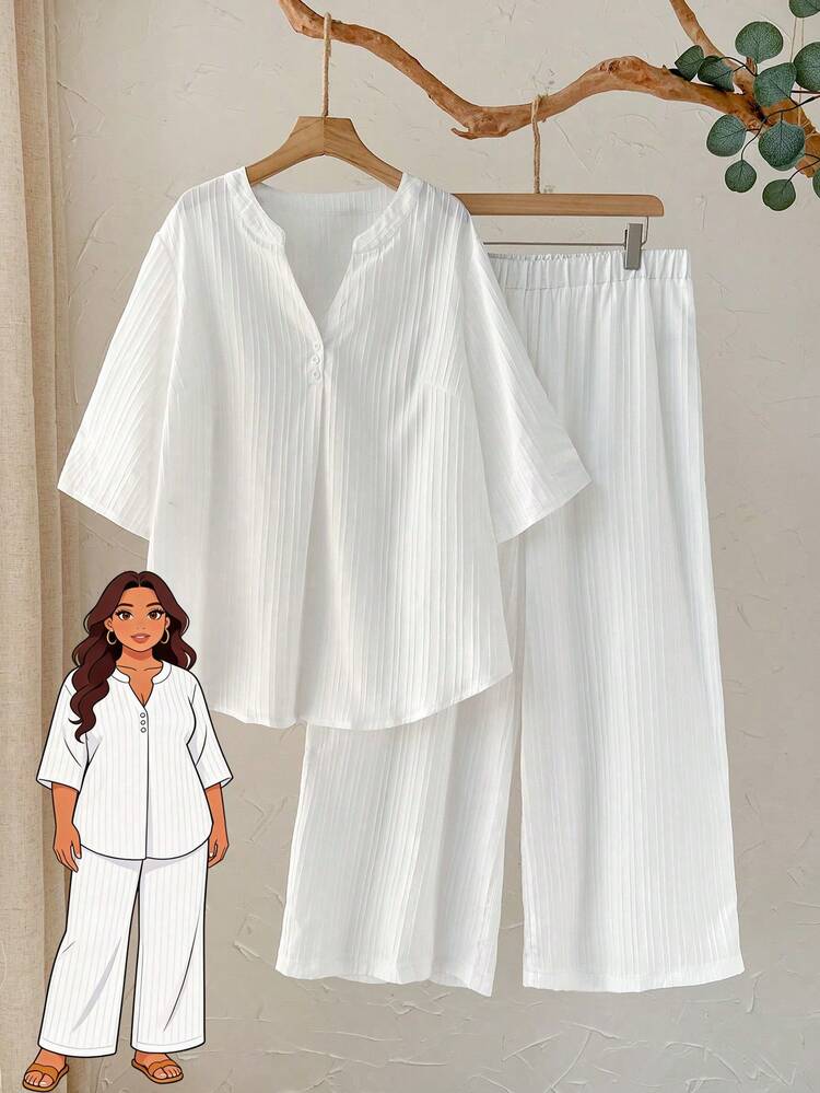 Plus Size Casual Solid Color Shirt And Pants 2 Pieces Set/Summer/Spring/Vacation Country Style For Women Summer Holiday Outfits Spring Break Outfits Two Piece Set White Linen Set For Women