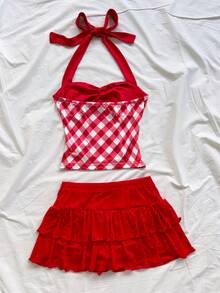 Soleia 女士度假格子扭结露背上衣和双层荷叶边迷你裙两件套 - 彩色 - 查看 2