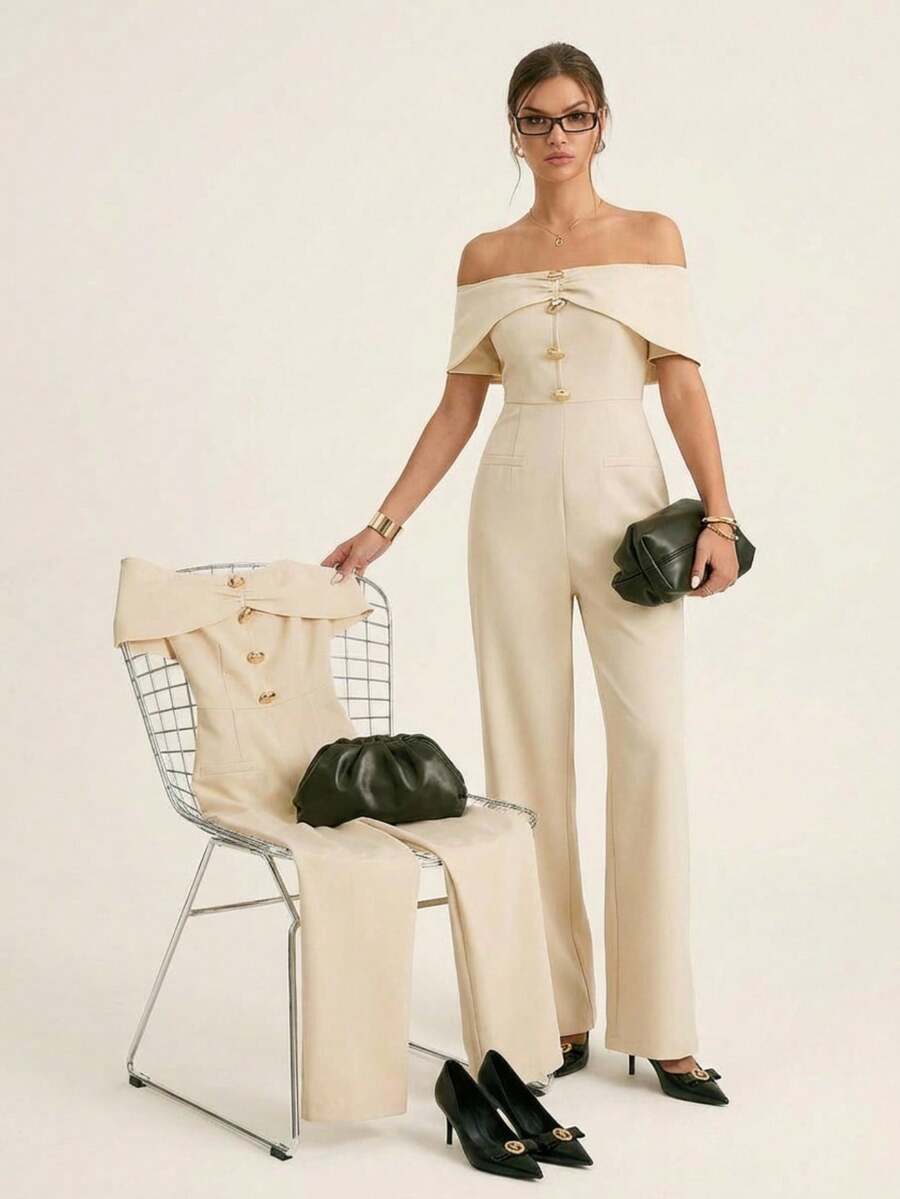 Ritzy Row Combinaison sans manches minimaliste et à la mode pour femme, col ouvert sur le devant, taille cintrée et épaules dénudées - Nude - Voir 1