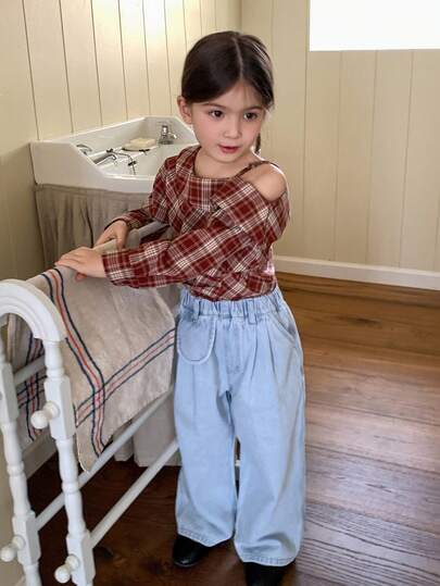 DAZY Camisa casual de manga corta a cuadros de estilo coreano para niñas (talla pequeña), primavera/verano