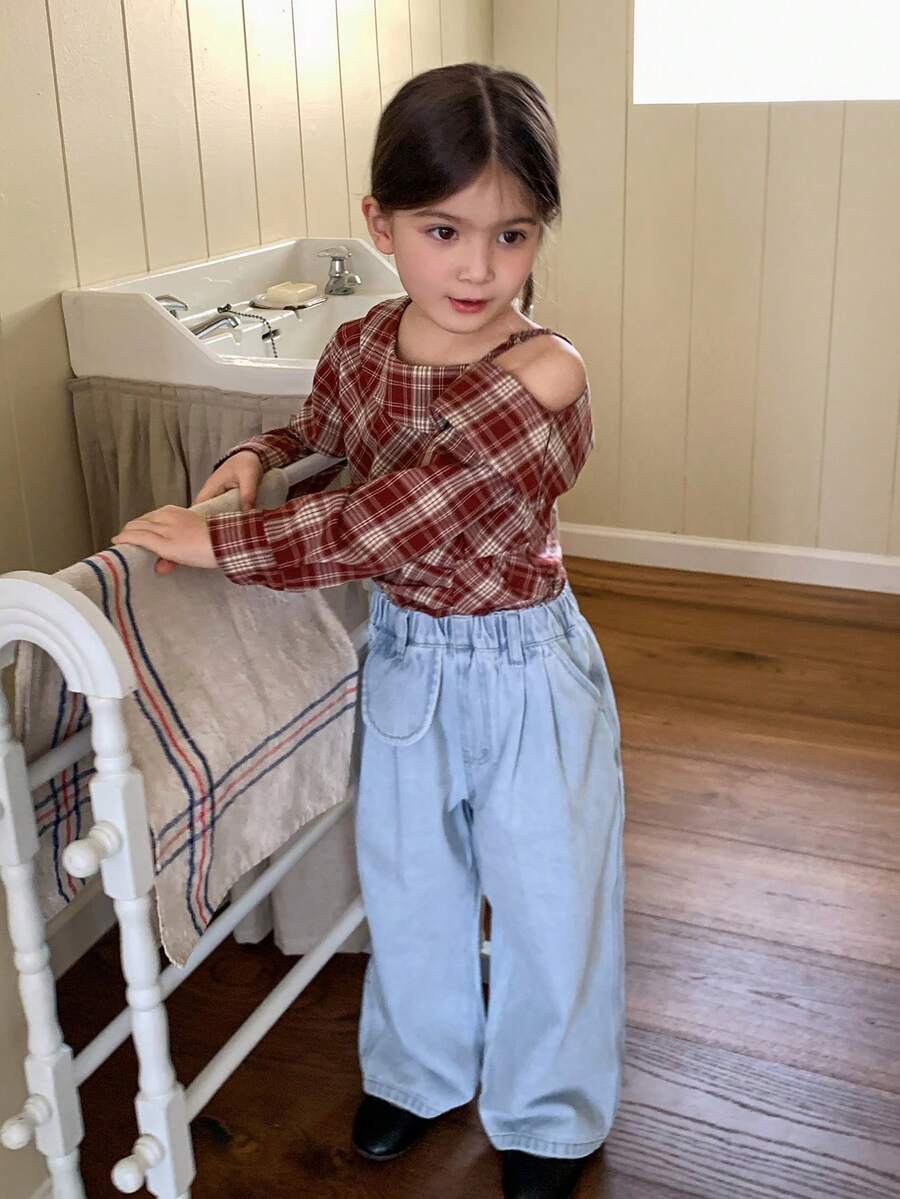 DAZY Young Girls Plaid Korean Style Casual Short Sleeve Shirt, Spring/Summer - Red - View 1