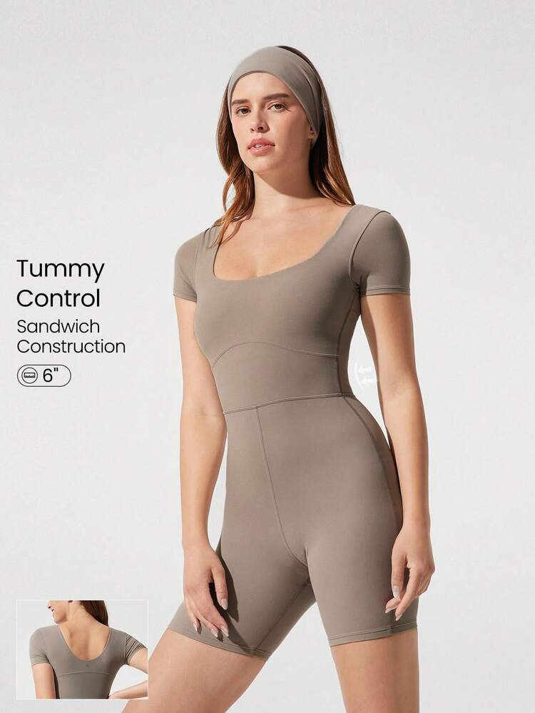 6" FeatherFit™ Tummy Control Square Neck U Back Jumpsuit Light Support Low Impact Yoga Pilates Studio Summer