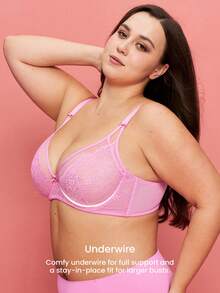 LUVLETTE Plus Woman Pink Lingerie Full Coverage Side Support&Breathable Underwire Sexy Unlined Lace & Mesh Sheer Minimizer Bra - Pink - View 4