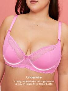 LUVLETTE Plus  Woman Lingerie Pink Full Coverage Support&Breathable Underwire Sexy Unlined Sheer Minimizer Lace Bra - Pink - View 2