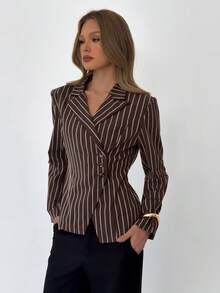 Aloruh Women's Striped Notched Collar Casual Versatile Commuting Office Long Sleeve Blazer - Brown - View 8