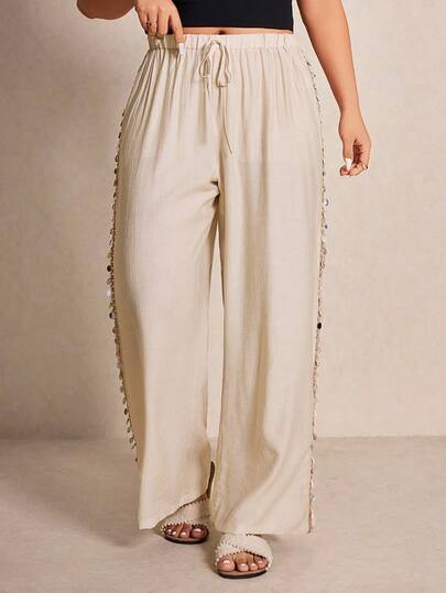 Elaquor 大码女式纯色腰带拼接贝壳边阔腿裤