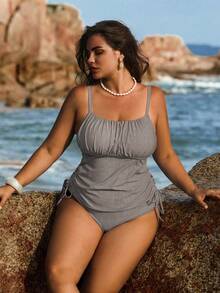 Swim Lushoire Bộ bikini cỡ lớn 2 mảnh, chất liệu vải in họa tiết xanh trắng, có dây rút ở eo và quần cạp cao, phù hợp cho kỳ nghỉ biển. - Đen và trắng - Xem 4