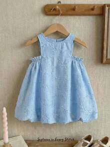 Cozy Pixies Baby Girl Elegant & Cute Summer Jacquard Pattern Blue Loose Flared Hem Dress, Sweet & Charming, Vintage Elegant, Suitable For Spring & Summer, Minimalist Style, Loose Fit, Suitable For Casual Outings, Home Leisure And Casual Gatherings Summer Spring To Summer Vintage - Blue - View 2