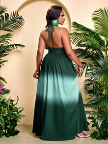 Brilight 女士优雅浪漫渐变印花休闲度假深V领无袖挂脖系带A字长裙，适合外出、海滩、音乐节、婚礼宾客、毕业典礼、商务休闲和波西米亚风格（春夏连衣裙） - 墨綠色 - 查看 2