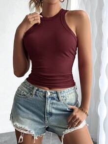 SHEIN Áo tank top nữ cổ tròn đính đá lấp lánh, dáng ôm, thích hợp mặc thường ngày, kiểu dáng casual, thích hợp mặc mùa hè, ôm sát, gợi cảm. Áo tank top nữ màu đỏ đô, đỏ rượu vang, đỏ sẫm, áo sexy nữ, áo tập yoga, áo tập thể dục, áo nữ mùa hè ôm sát. - Màu Đỏ Sâu - Xem 3